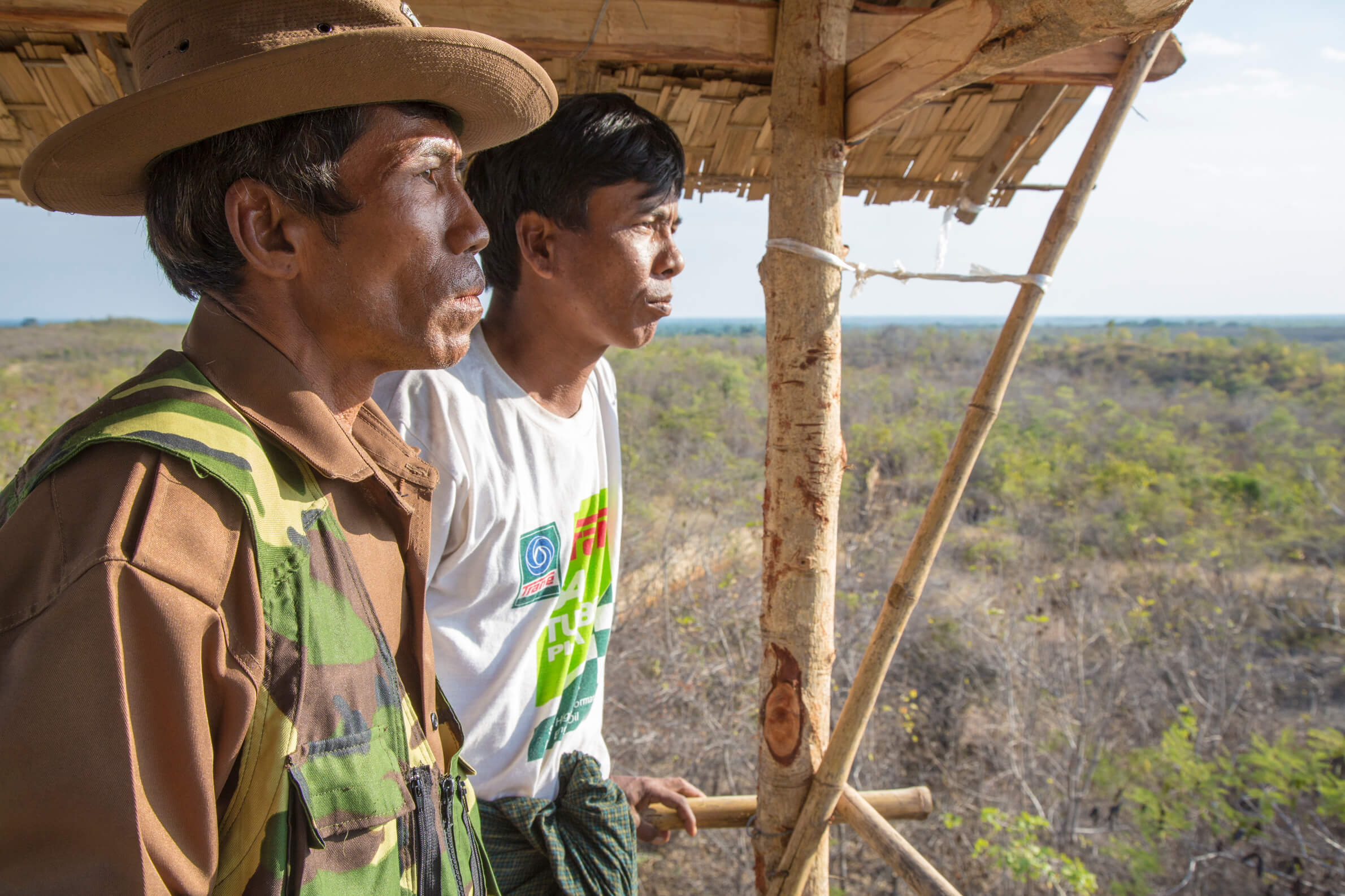 Rangers in a watch tower at the Myanmar-Minzontaung Burmese Starred Tortoise Reserve